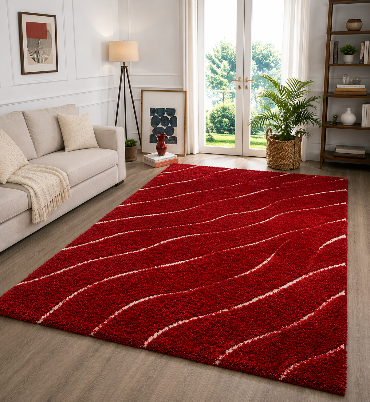 Micro Waves Carpet In Red And Ivory.