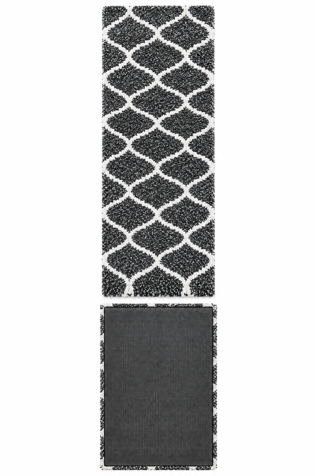 Grey & Ivory Moroccan Pattern Shaggy Runner  – Soft Feel with Anti-Skid Backing