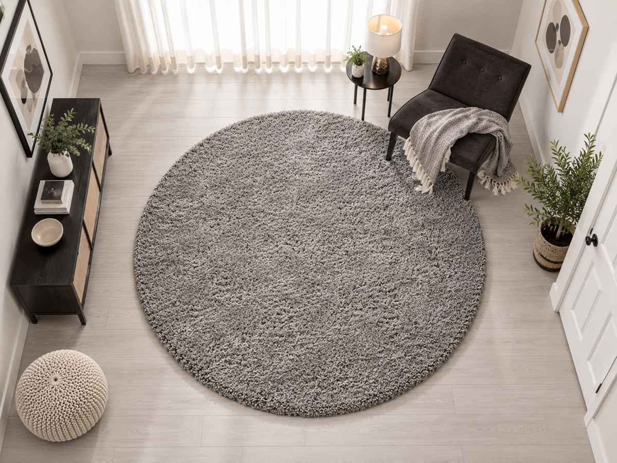 KashyapaRugs premium plain silver grey round shaggy carpet – 2-inch extra fluffy long pile with soft-touch microfiber, classic neutral grey tone for modern and classic interiors, anti-skid rubber backing