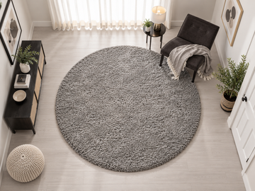 KashyapaRugs premium plain silver grey round shaggy carpet – 2-inch extra fluffy long pile with soft-touch microfiber, classic neutral grey tone for modern and classic interiors, anti-skid rubber backing