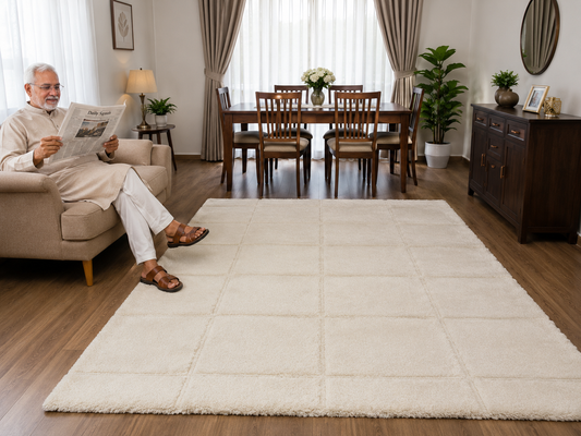 Ivory ( off white )colour Microfiber Carpet – Soft Feel & Anti-Skid Rubber Backing