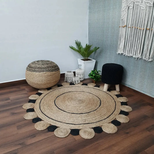 Kashyapa Rugs Collection-Natural Jute With Black Round Tikki Border Braided Carpet .
