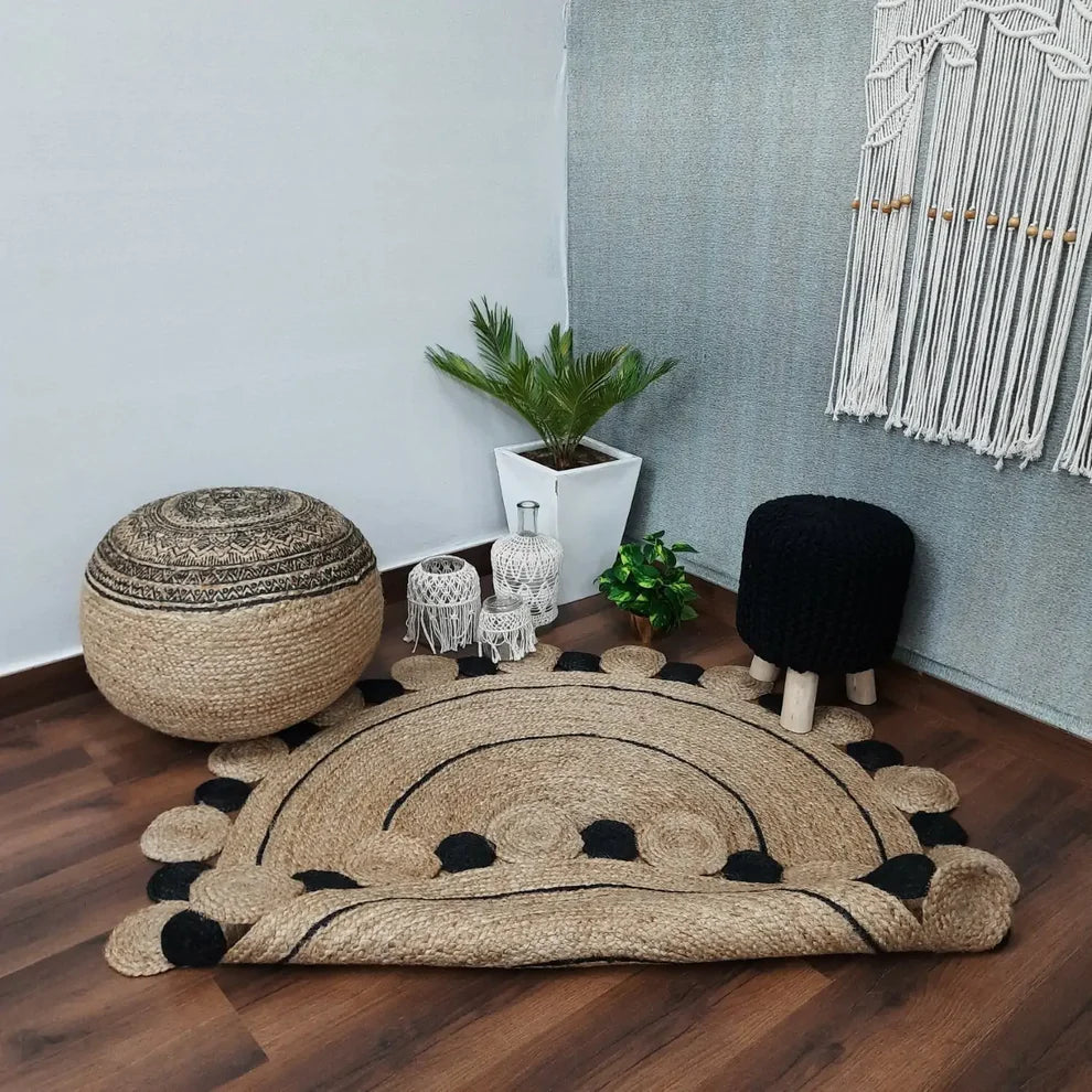Kashyaparugs hand-braided 100% natural jute round carpet with black tikki border – eco-friendly