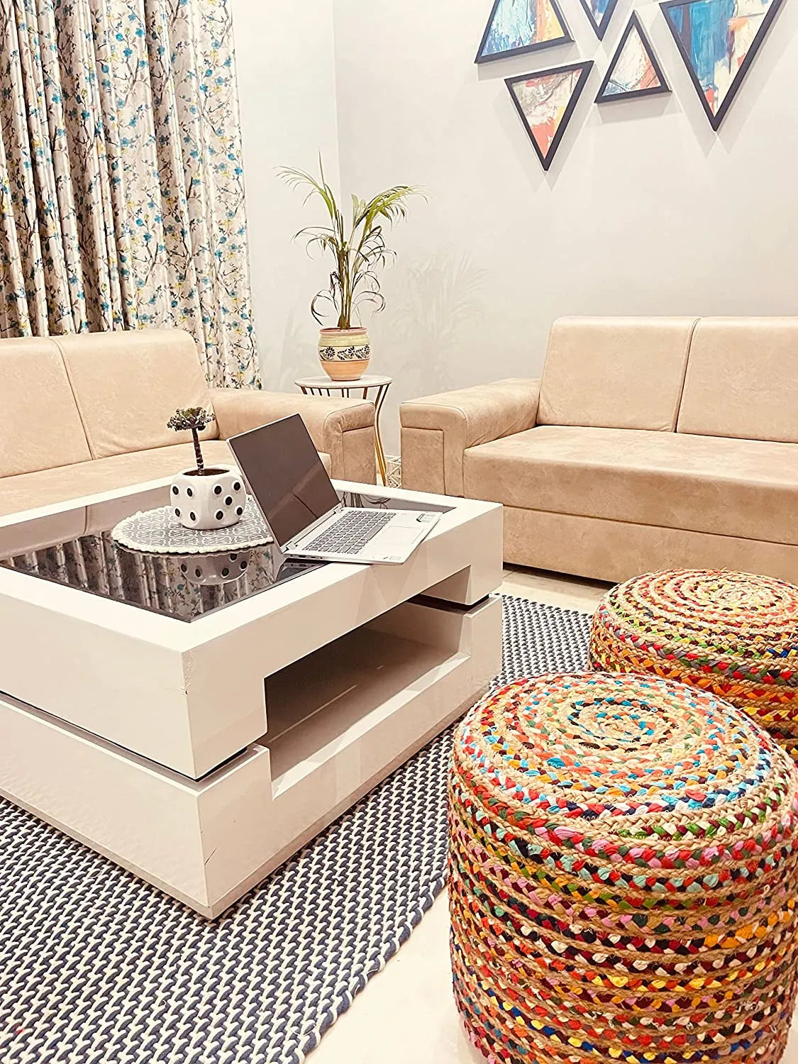 Multicolor Braided Pouf – Chindi & Jute Design for Bedroom & Living Spaces