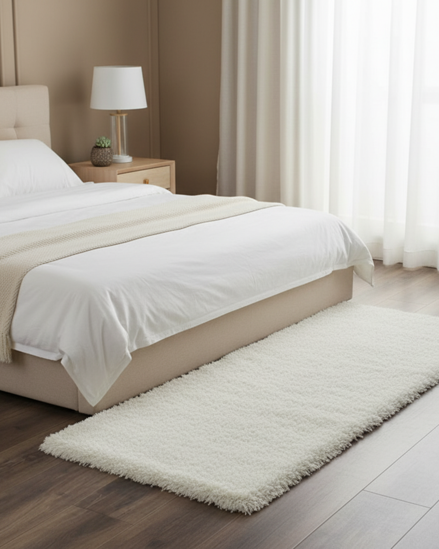 White Beautiful Premium Microfiber Bedside Runner 2 inch long pile - Soft Feel, Anti-Skid Rubber Backing