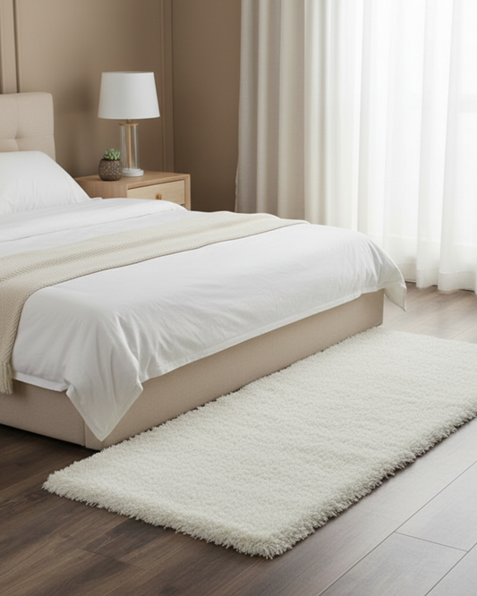 White Beautiful Premium Microfiber Bedside Runner 2 inch long pile - Soft Feel, Anti-Skid Rubber Backing
