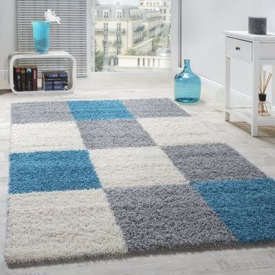 Handwoven Shag Collection Super Soft Microfiber Silk Touch Living Room Rug – Ivory, Grey & Aqua – Soft Feel with Anti-Skid Backing