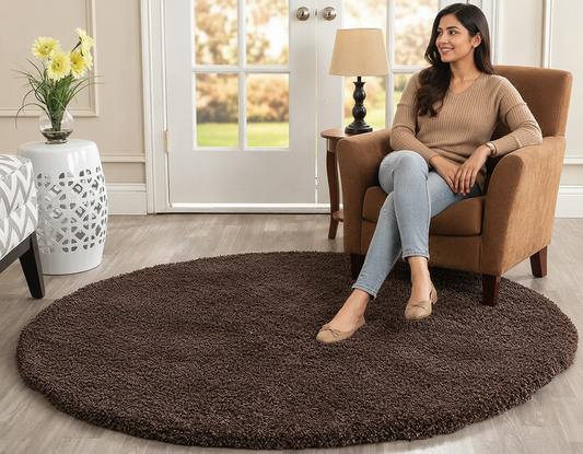 Coffee 2 inch long pile Premium Extra Fluffy Round Shaggy Carpet – Soft Touch & Anti-Skid Rubber Backing