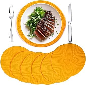 Kashyapa Rugs Collection-Washable Poly Cotton-Dining Table Placemats Set of 4 pc with Tea Coaster (Yellow)