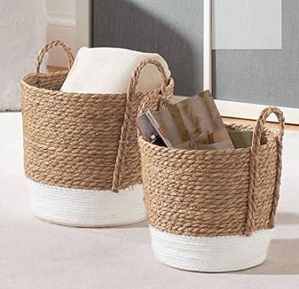 Kashyapa Rugs Collection - Jute Planter Pots/Storage Basket with Handle, Multi-Purpose use for Bathroom Living Room & Others (pack of 2) 8 and 10 inches all new (White)