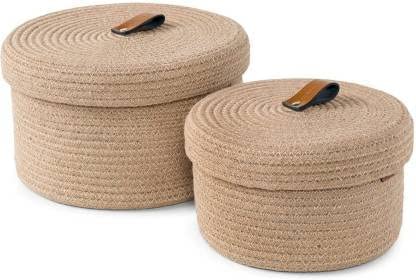 Kashyapa Rugs Collection - Jute small box mini rope paper storage White basket brown hamper tray bucket set of 2 for Gift Living or Drawing Room,fruits, kitchen,office,shelfs(Beige)