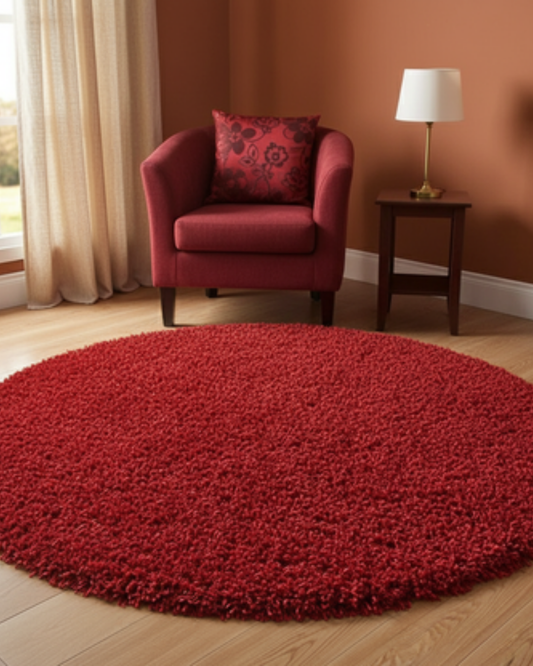 Premium Plain 2 inch Long pile Red Round Shaggy Rug – Soft Touch & Anti-Skid Base