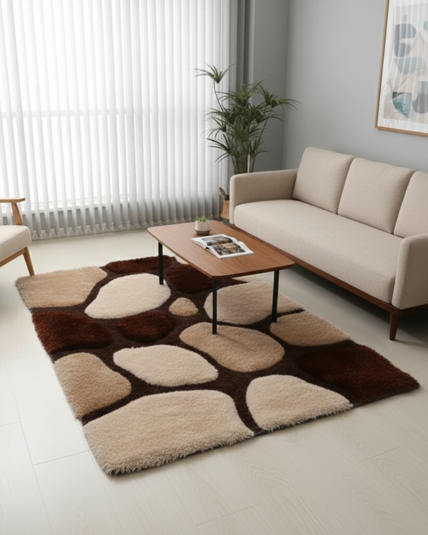 Brown & Beige 3D Stone Design Shaggy Carpet – Soft Feel with Anti-Skid Rubber Backing