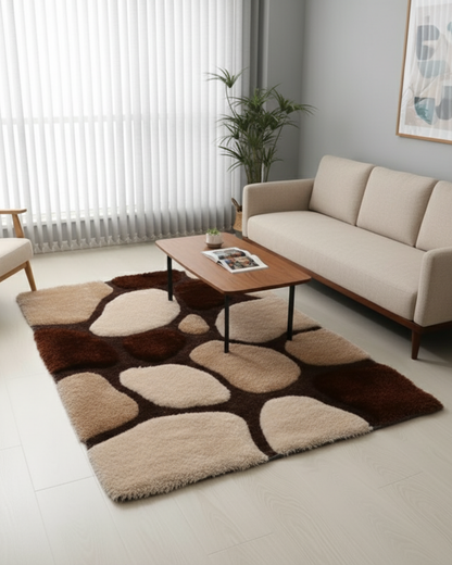 Brown & Beige 3D Stone Design Shaggy Carpet – Soft Feel with Anti-Skid Rubber Backing