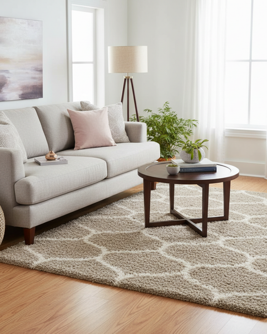 Beige & Ivory Moroccan Diamond Carpet – Soft Microfiber with Anti-Skid Rubber Backing