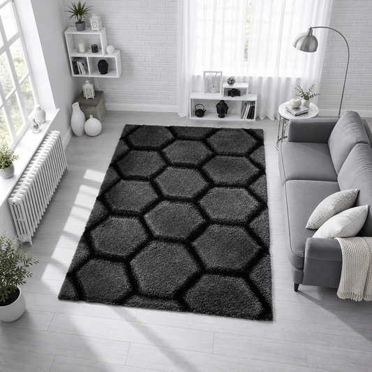 Black And Grey 3D Bright Shaggy Microfiber Carpet – Soft Feel with Anti-Skid Backing