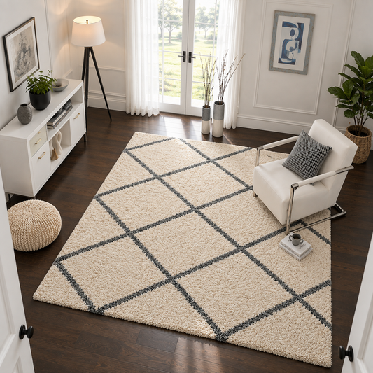 Premium Cross Pattern Soft Microfiber Carpet – Ivory & Grey – Soft Feel & Anti-Skid Backing
