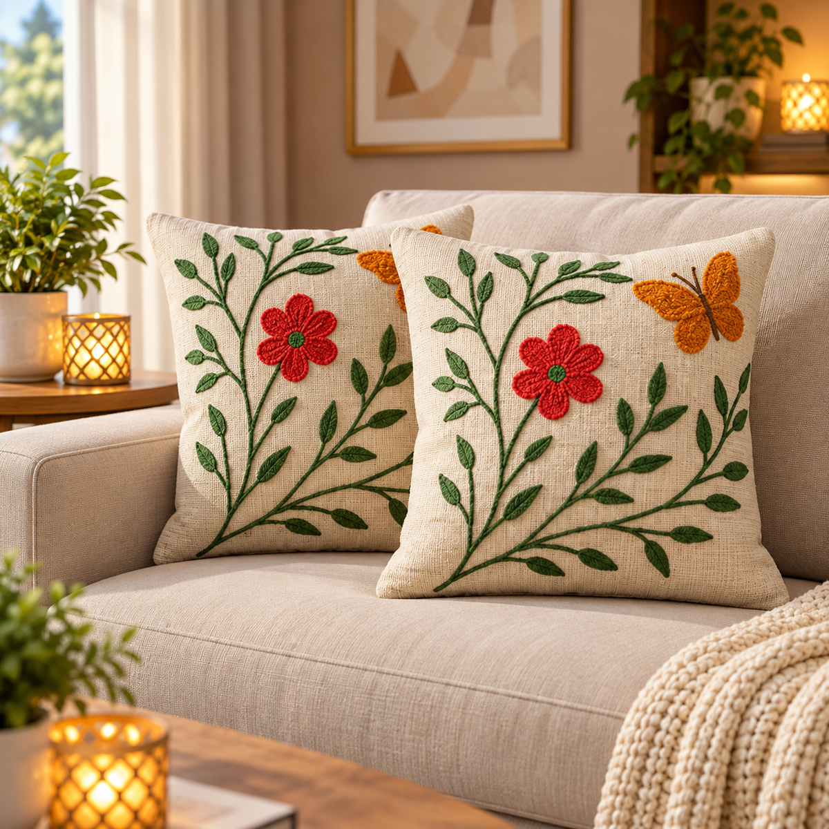 Pink & Green Floral Embroidered Cushion Cover | Decorative Throw Pillow Cover for Sofa & Living Room