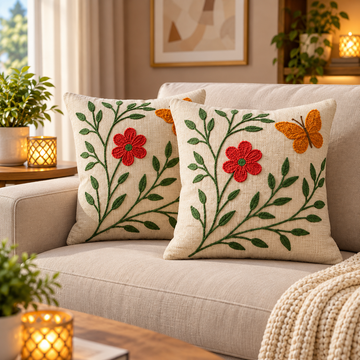 Pink & Green Floral Embroidered Cushion Cover | Decorative Throw Pillow Cover for Sofa & Living Room