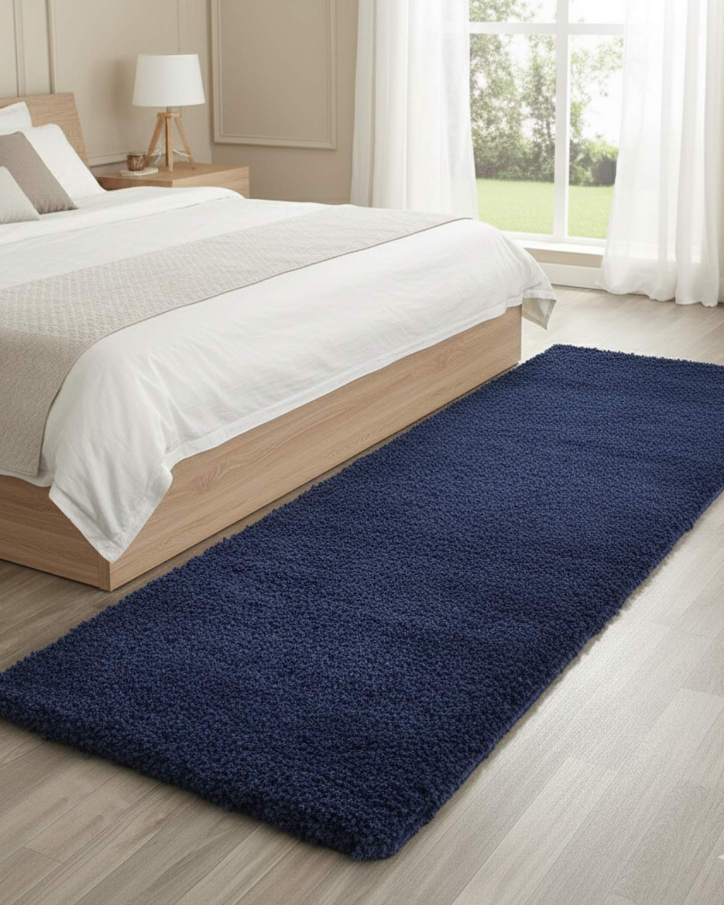 Navy Blue Plain Premium Shaggy Bedside Runner - Soft Feel, Anti-Skid Rubber Backing