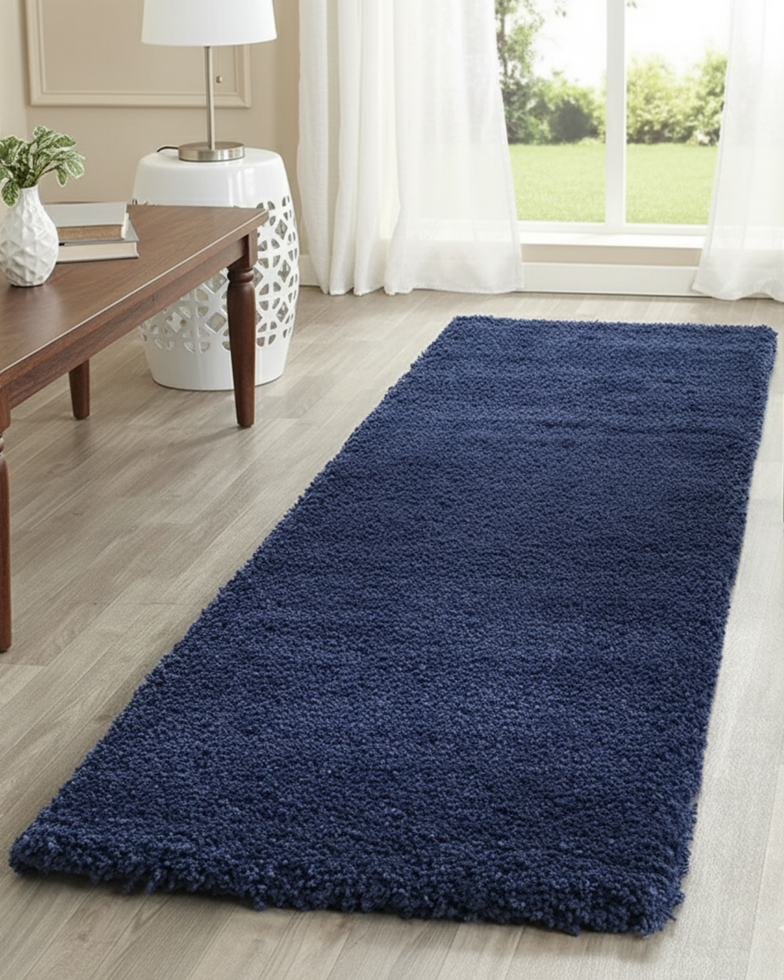 Navy Blue Plain Premium Shaggy Bedside Runner - Soft Feel, Anti-Skid Backing