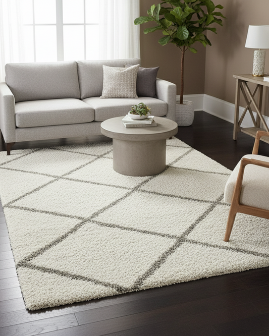 Ivory & Grey Diamond Pattern Soft Shaggy Microfiber Rug – Soft Feel & Anti-Skid Rubber Backing