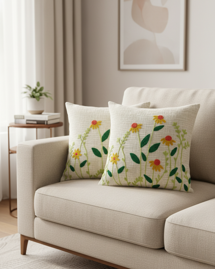 Yellow & Green Floral Embroidered Cushion Cover | Botanical Decorative Pillow Cover for Sofa & Living Room