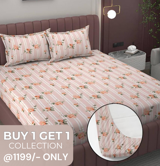 Kashyapa Rugs Microfiber King Printed Fitted (Elastic) Bedsheet  (Pack of 1 Bedsheet + 2 Pillow Covers, pink flower)