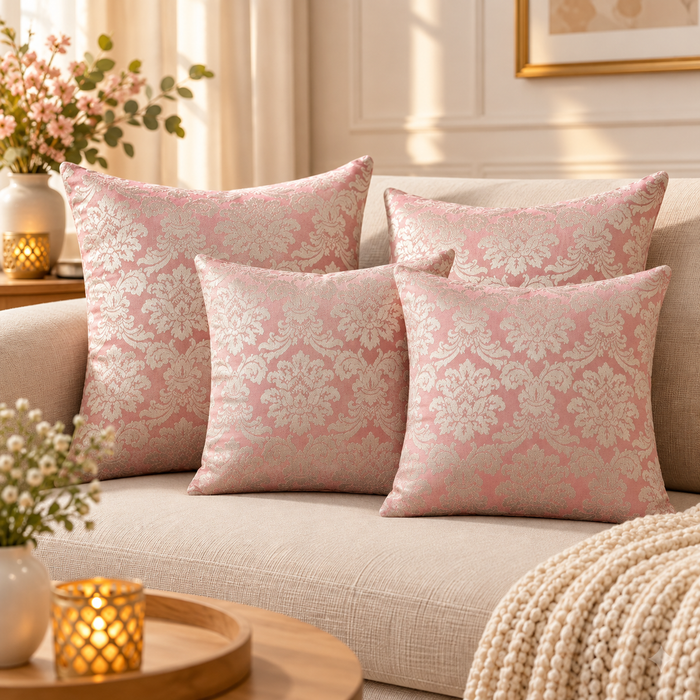 Pink & White Damask Embroidered Cushion Cover | Elegant Floral Decorative Pillow Cover for Sofa & Living Room