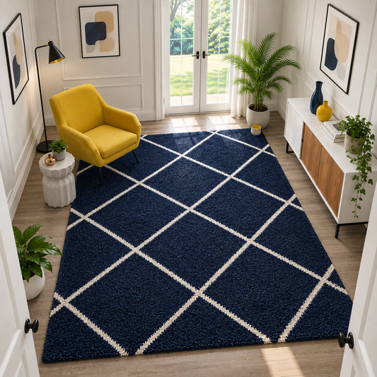Blue & Ivory  Diamond Carpet – Soft Microfiber with Anti-Skid Backing
