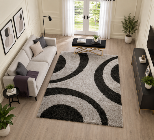 Black & Grey Abstract Pattern Microfiber Carpet – Luxurious Soft Touch, Anti-Skid Base