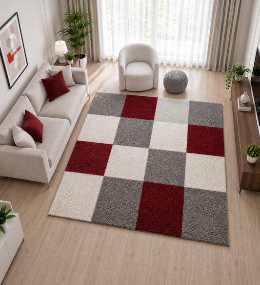 Grey with Ivory Diamond Pattern Shaggy Rug – Hand-Tufted Microfiber Carpet – Soft Feel & Anti-Skid Rubber Backing