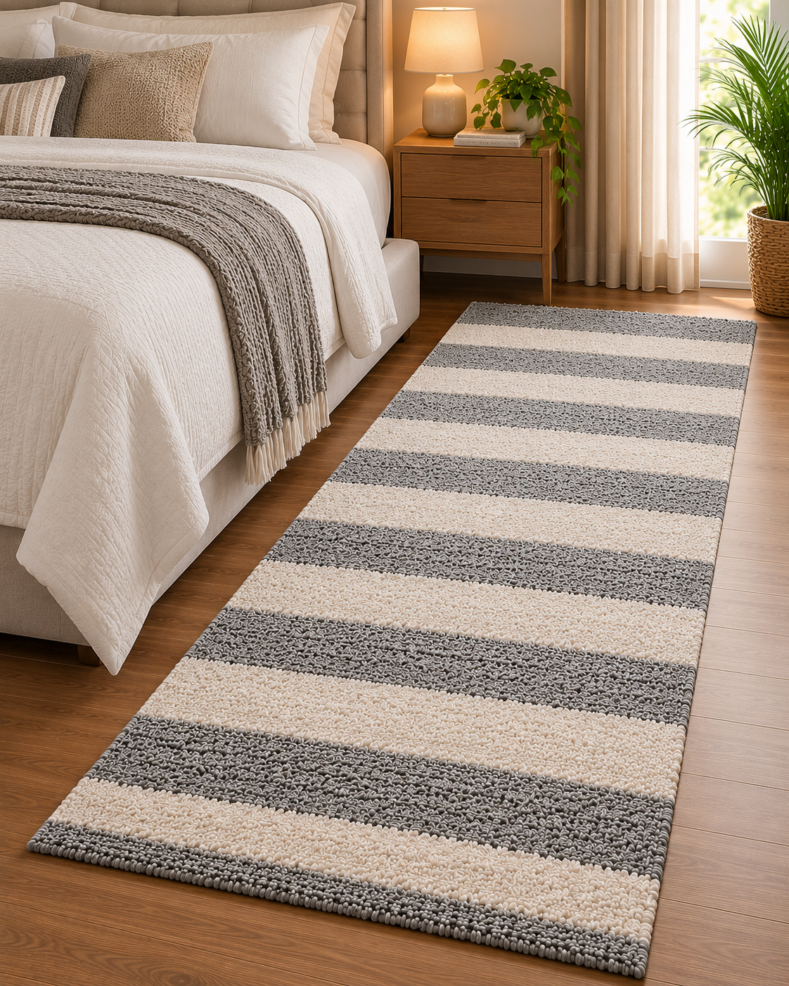 Premium Grey and Ivory Striped Bedside Runner – 12 mm Low Pile, Soft Textured Finish