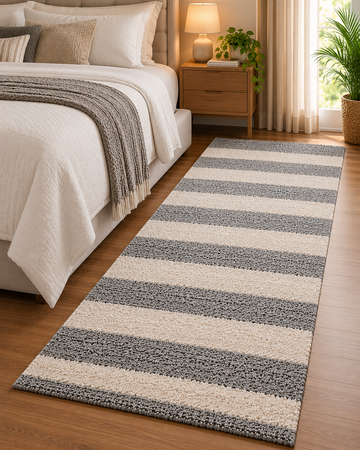 Premium Grey and Ivory Striped Bedside Runner – 12 mm Low Pile, Soft Textured Finish