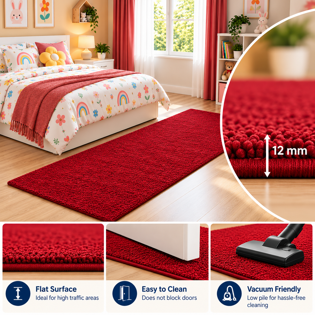 Soft Red Bedside Runner 12mm Low Pile Shaggy Texture