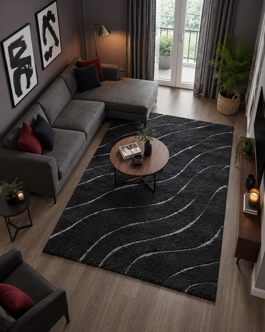 Black Waves Premium Microfiber Shaggy Carpet Rug – Soft Feel with Anti-Skid Backing