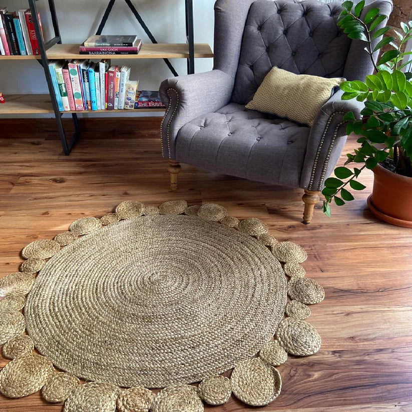 Handwoven Braided Jute Round Carpet with Small Circle Borders