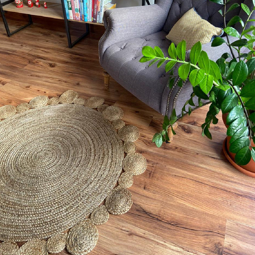 Handwoven Braided Jute Round Carpet with Small Circle Borders