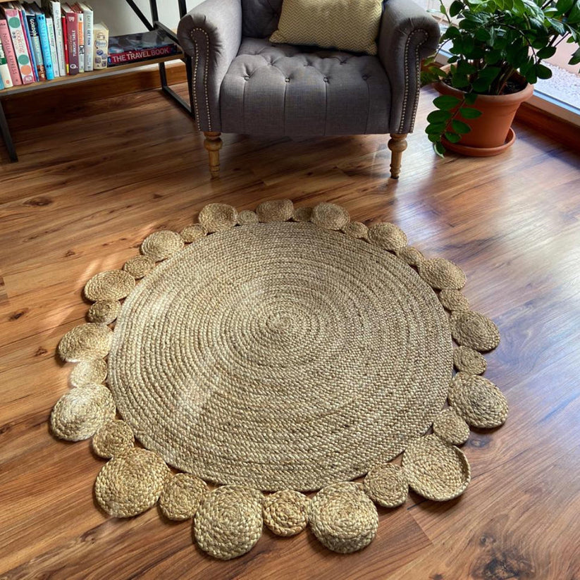 Handwoven Braided Jute Round Carpet with Small Circle Borders