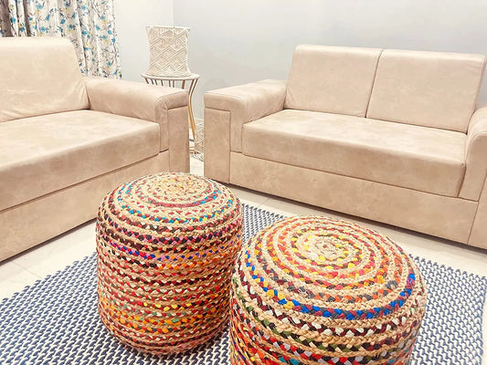 Multicolor Braided Pouf – Chindi & Jute Design for Bedroom & Living Spaces