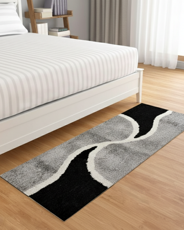 Black, White & Grey Abstract Wave Pattern Bedside Runner with Anti-Skid Backing