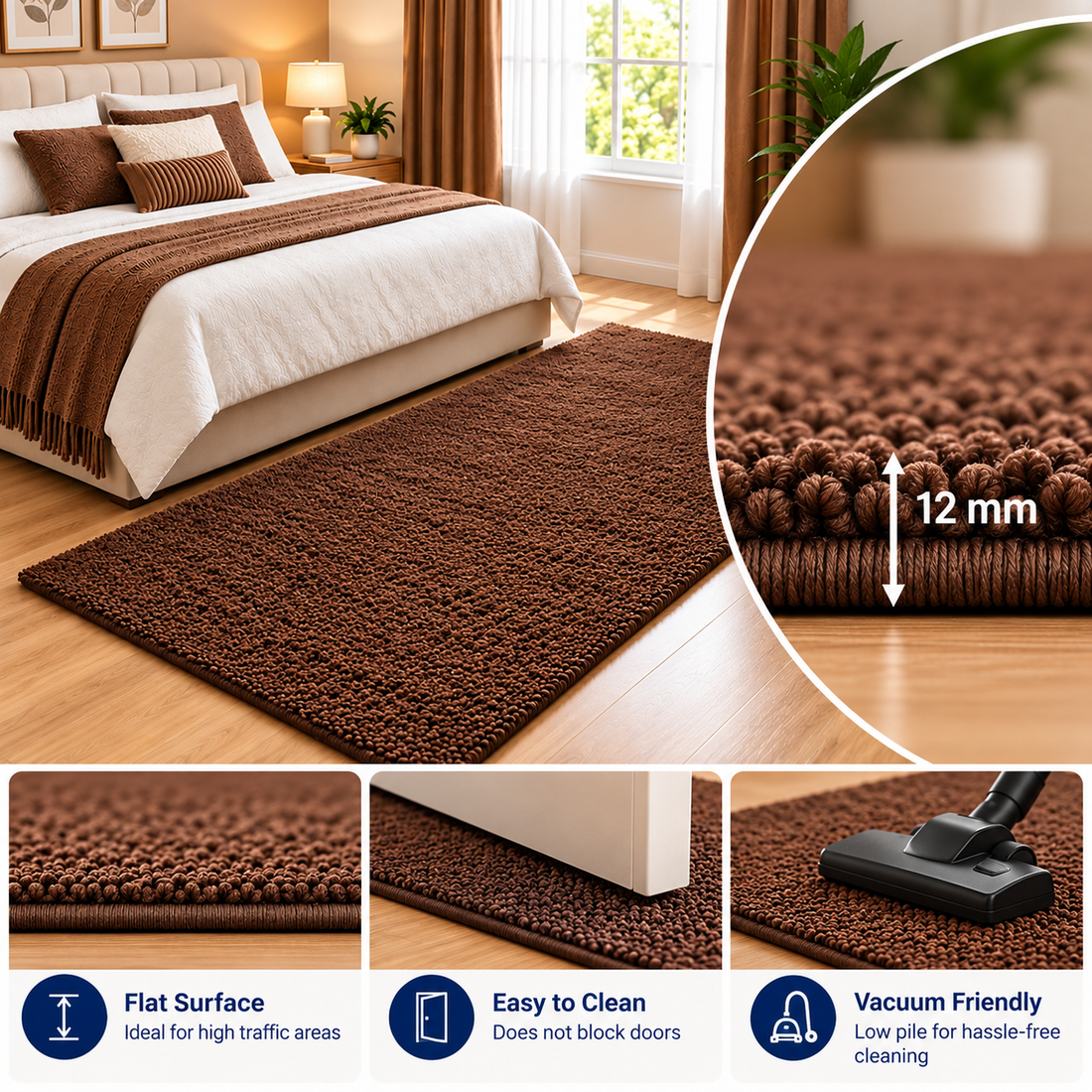 Premium Brown Bedroom Runner – 12mm Low Pile Textured Shaggy Carpet