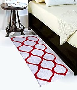 Red & White Geometric Bedside Runner – Soft Microfiber, Anti-Skid Rubber Backing