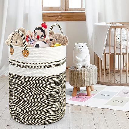 Kashyapa Rugs Collection-Laundry Hamper Woven Rope Large Clothes Hamper 14.5 inch'' Height Tall Laundry Basket with Extended Handles for Storage Clothes Toys in Bedroom, Bathroom, Foldable (white & beige mix)