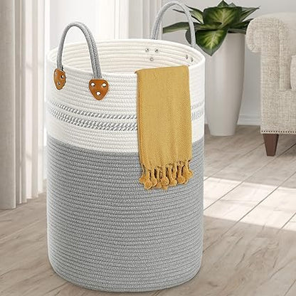 Kashyapa Rugs Collection-XXL Laundry Hamper Woven Rope Large Clothes Hamper 14.5 inch '' Height Tall Laundry Basket with Extended Handles for Storage Clothes Toys in Bedroom, Bathroom, Foldable (white & grey mix)