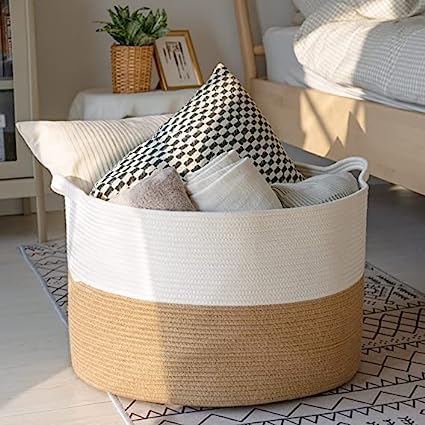 Kashyapa Rugs Collection - Jute Baskets Storage/Shelves Baskets Fruit Baskets clothes Books Kids Toys Storage office Use for Gift Living room Decorative baskets (12x14, White&Beige)