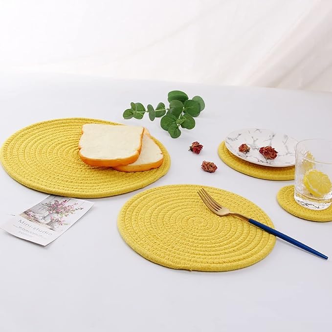 Washable Poly Cotton-Dining Table placement Set of 4 pc with Tea Coaster (Yellow)