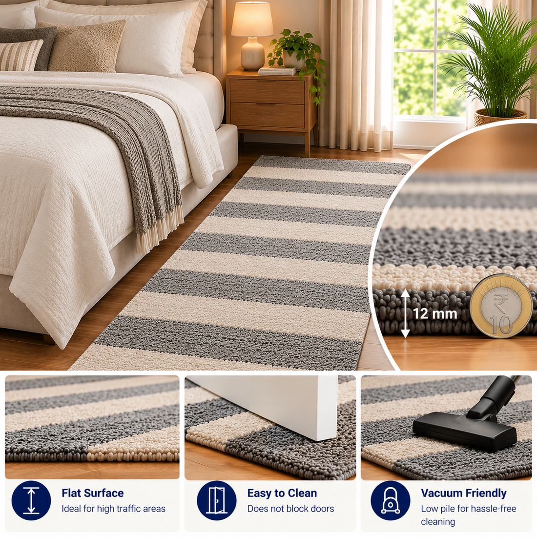 Premium Grey and Ivory Striped Bedside Runner – 12 mm Low Pile, Soft Textured Finish