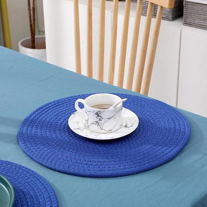 Kashyapa Rugs Collection-Washable Poly Cotton  Dining Table Placemats Set of 6 pc with Tea Coaster (Royal Blue)