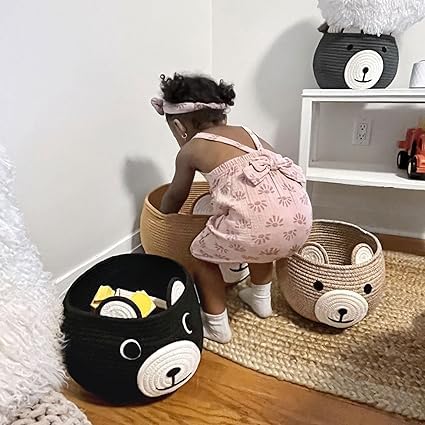 Kashyapa-Home decor Black rope storage fruit basket laundry cloth bag, toys gift hamper baby tray bucket teddy bear.